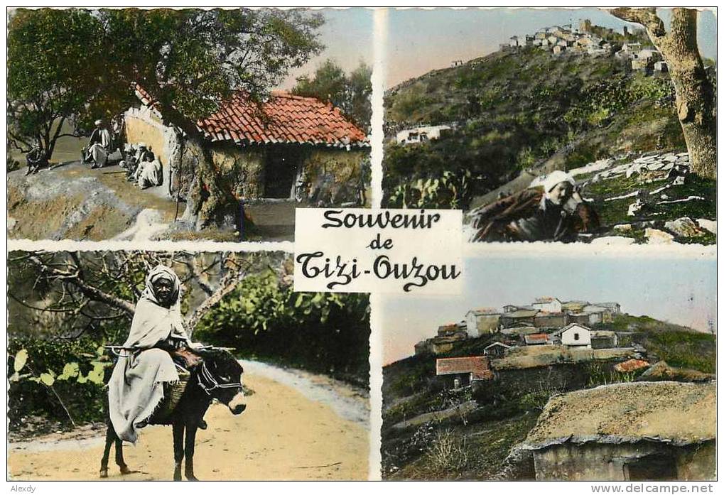 CPSM TIZI-OUZOU *** CAFE MAURE, CIMETIERE, KABYLE ET VILLAGE 1956 *** SUPERBES COULEURS PASTEL