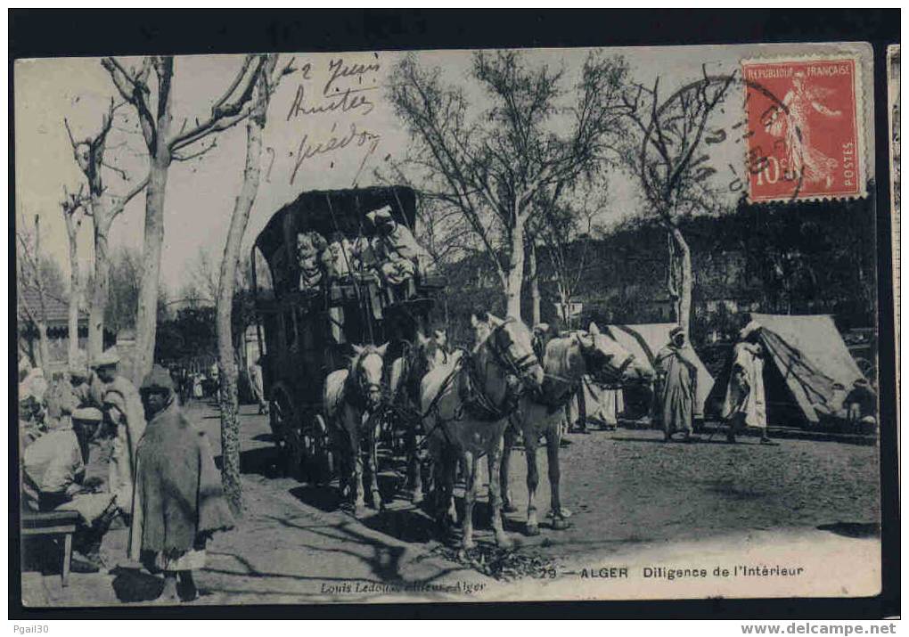 ALGER DILIGENCE DE L'INTERIEUR ATTELAGE CHEVAUX TRANSPORT