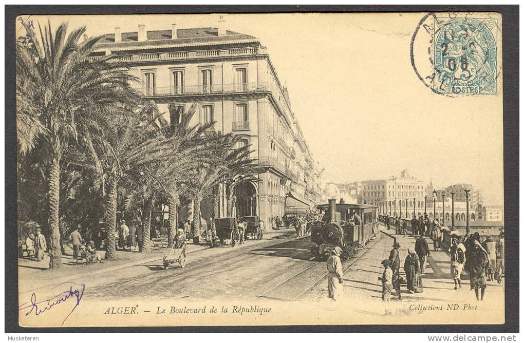 Algeria Alger Maximum Carte - Le Boulevard de la République Locomotive Animée Cancel Alger 1906 to Copenhague Danemark