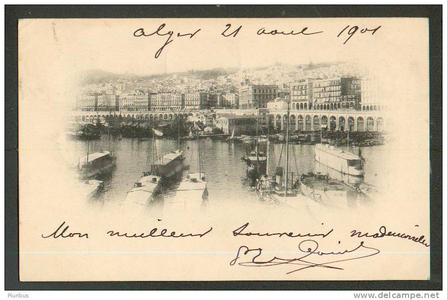 1901 ALGERIA ALGER ALGIERS, VIEW ON TOWN, SHIP, BOAT, VINTAGE POSTCARD