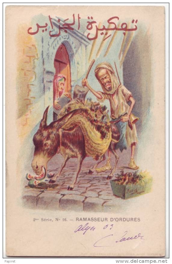 cpa precursseur Algerie Alger illustrateur Assus Ramasseur d'ordure timbre type blanc obliteration 1903 Alger Bourse