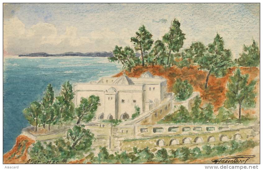 Alger Carte Peinte a la main en 1926 Faucherel Timbre Semeuse 30c Algerie