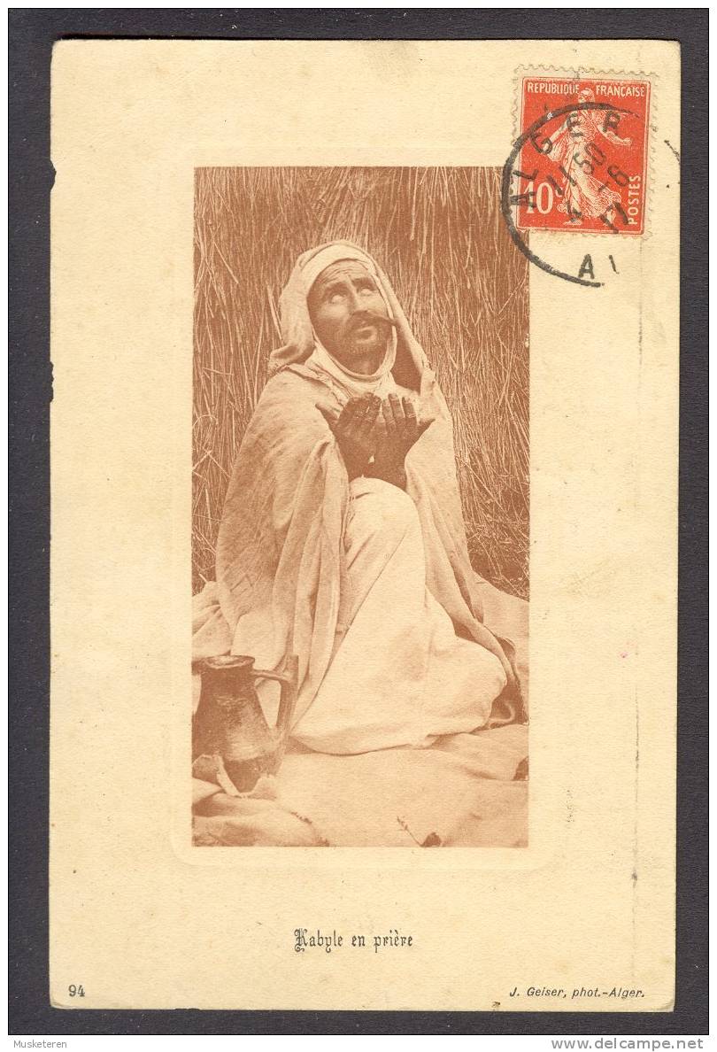 Algiers Alger Carte Maximum Albert ISNARDY Kabyle en priére 1917 to Lisboa Portugal (2 scans)