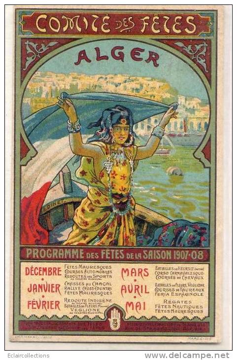 Alger  C.P.A   Comité des fêtes Programme de la saison 1907-1908    (voir scan pli imperceptible coté dessin)