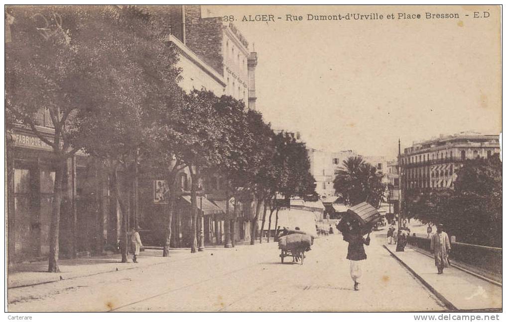 CPA,ALGERIE,ALGER,afrique     du nord,rue dumont d´urville,et place bresson,usine,rare