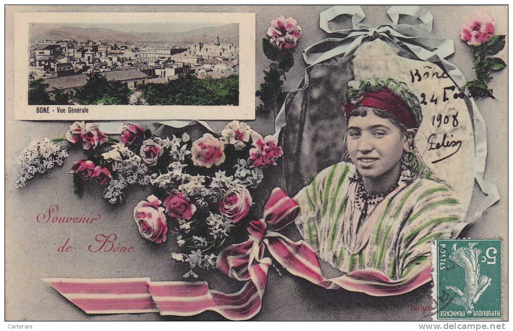 AFRIQUE,ALGERIE EN 1908,carte de souvenir de BONE, ANNABA,avec belle algérienne