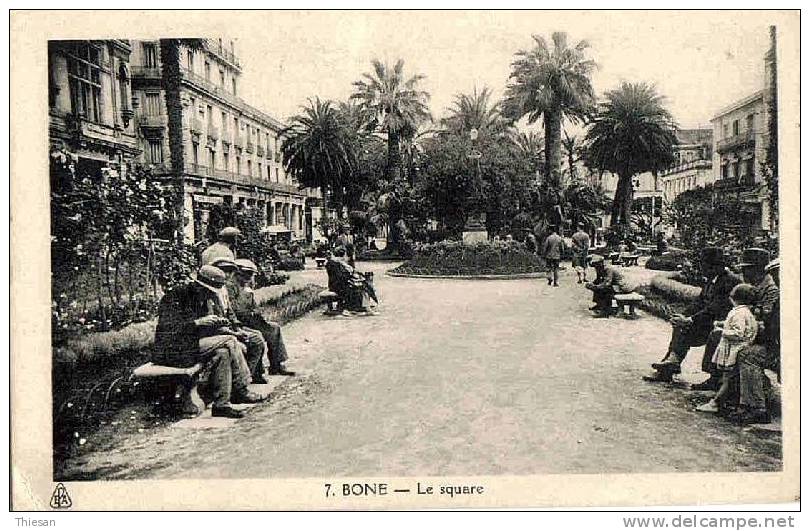 Algérie. Bone. Le square ( CAP 7 ). Timbres + oblitération expo philatélique 1938.