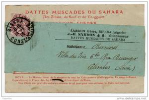 Algérie / Carte Commerciale, DATTES MUSCADES du SAHARA, des Zibans, du Souf et de Touggourt -- SARDON à BISKRA