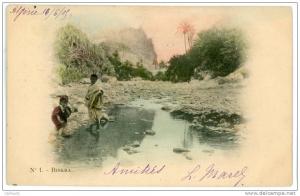 BISKRA - L'oasis ? ou bord de Riviére - précurseur, colorisée, trés animée, voir scan