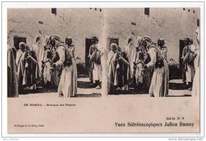 Biskra, musique des Nègres, vues téréoscopiques Julien Damoy série n° 9, n° 18, musiciens, scan recto-verso