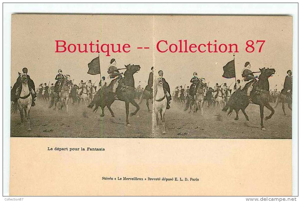 CPA  1900 de BISKRA STEREOSCOPIQUE - DEPART pour la FANTASIA - STEREOVIEW 1900´s - DOS VISIBLE