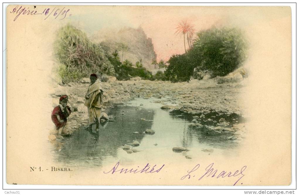 BISKRA - L'oasis ? ou bord de Riviére - précurseur, colorisée, trés animée, voir scan