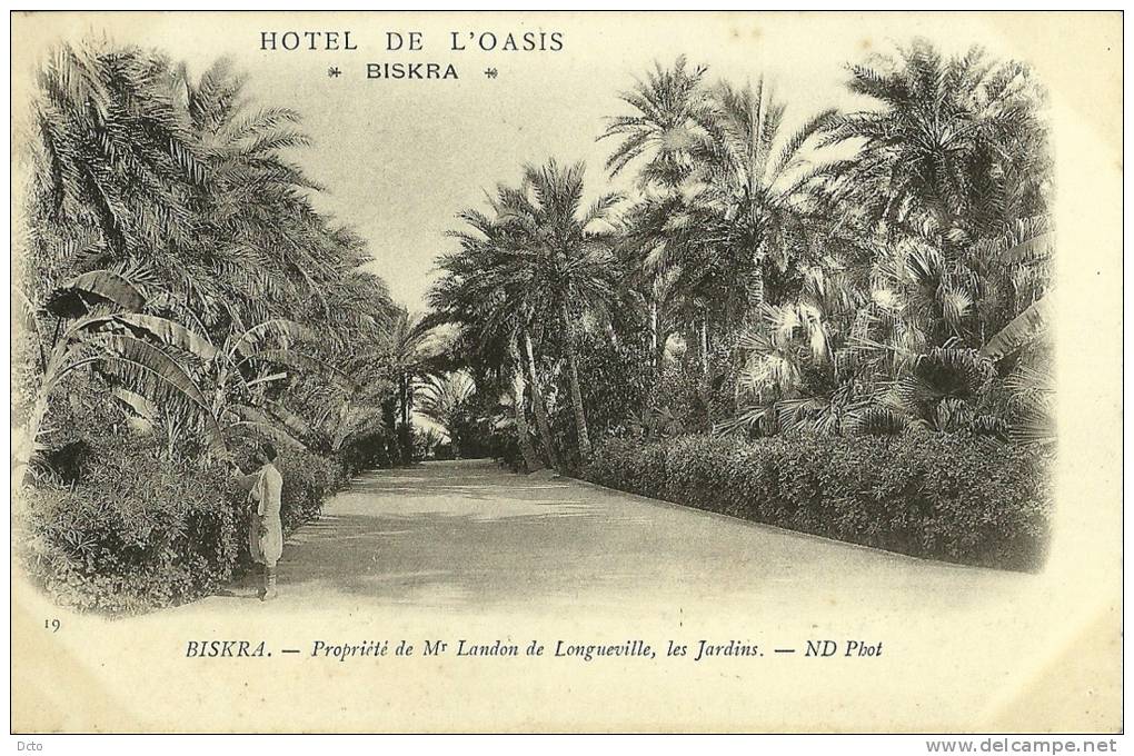 BISKRA - Propriété de M. Landon de Longueville, les jardins - Ed ND phot n° 19  (Pub de l´HOTEL de l´OASIS à Biskra)