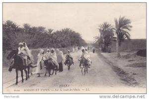 ALGERIE.BISKRA.SCENES ET TYPES SUR LA PISTE DE L OASIS  editeur LL AVEC LIGNE VOIE FERRE CHEMIN DE FER