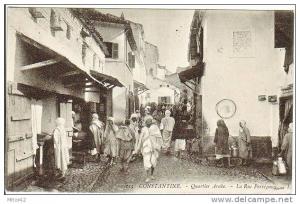 9-Costantine-Algerie Francaise-Quartier Arabe-Animé-v.1906 x Paris-Timbre 5c. France.