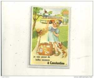 CONSTANTINE CARTE FANTAISIE SYSTEME DEPLIANT ACCORDEON  PETITE FILLE ET CHIEN  AUTOCAR