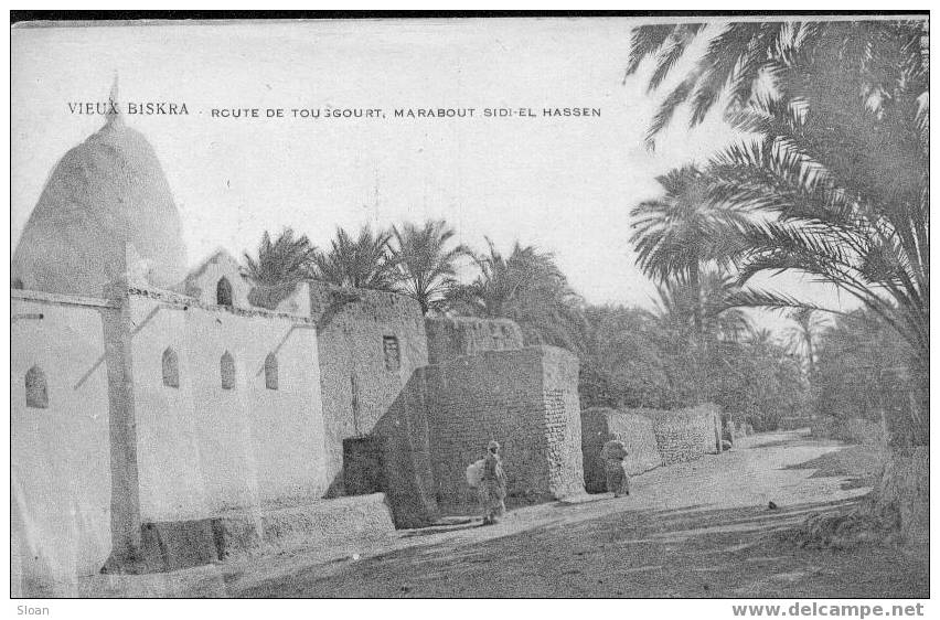 Deux cpa BISKRA, marabout sidi el Hassen et scène sous les palmiers