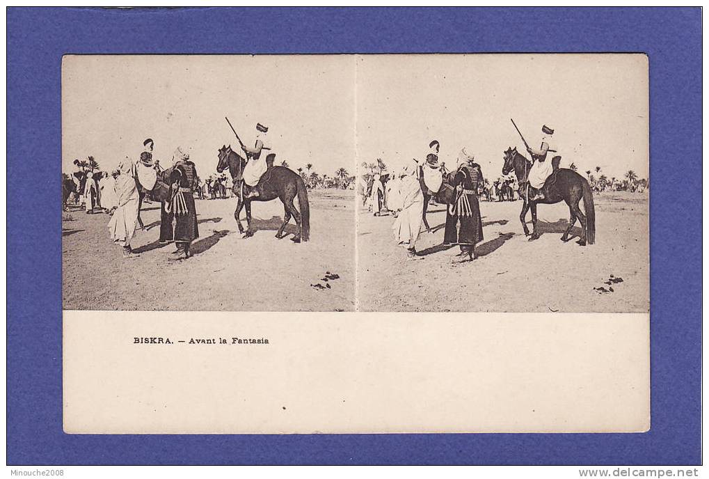 x440)  BISKRA  avant la fantasia  vue stéréoscopique  