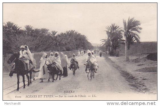 ALGERIE.BISKRA.SCENES ET TYPES SUR LA PISTE DE L OASIS  editeur LL AVEC LIGNE VOIE FERRE CHEMIN DE FER