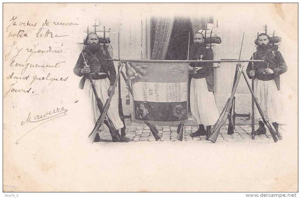 Algérie Zouaves Drapeau Honneur et Patrie Sébastopol  Kabylie  Palestro obliération de Sétif Constantine 1904 ww1