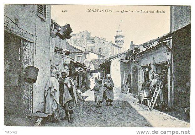 14-Costantine-Algerie Francaise-Quartier des Forgerons Arabes-Animé-v.1906 x Paris-Timbre 5c. France.