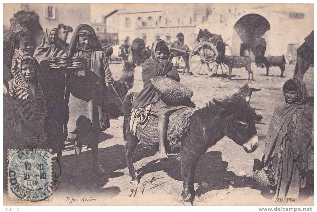 Algérie - Types Arabes  - (belle animation - marchand de beignets - âne - à noter l´ oblitération de Constantine - Bône)