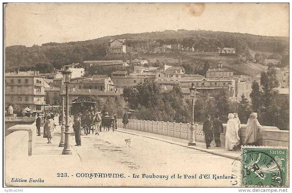 B CPA  de  CONSTANTINE  -  Diligence  et  Carosse , Le  Baubourg  et  Le  Pont d ´ El Kantara  en 1909 (  Très  Animée )