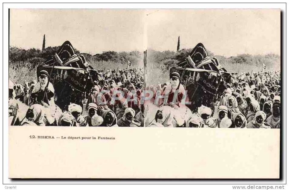 Vues stereoscopiques Algerie Biskra CPA Le depart pour Fantasia