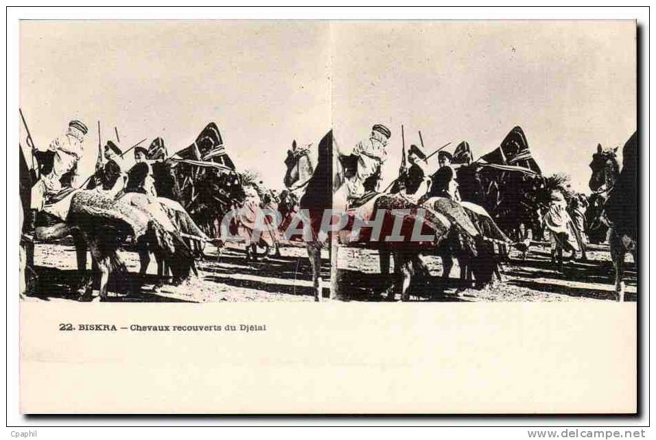 Vues stereoscopiques Algerie Biskra CPA Chevaux recouverts du Dj