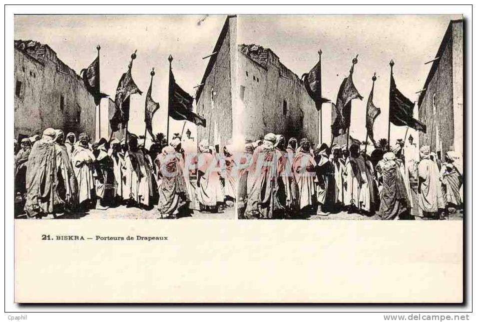 Vues stereoscopiques Algerie Biskra CPA Porteurs de drapeaux