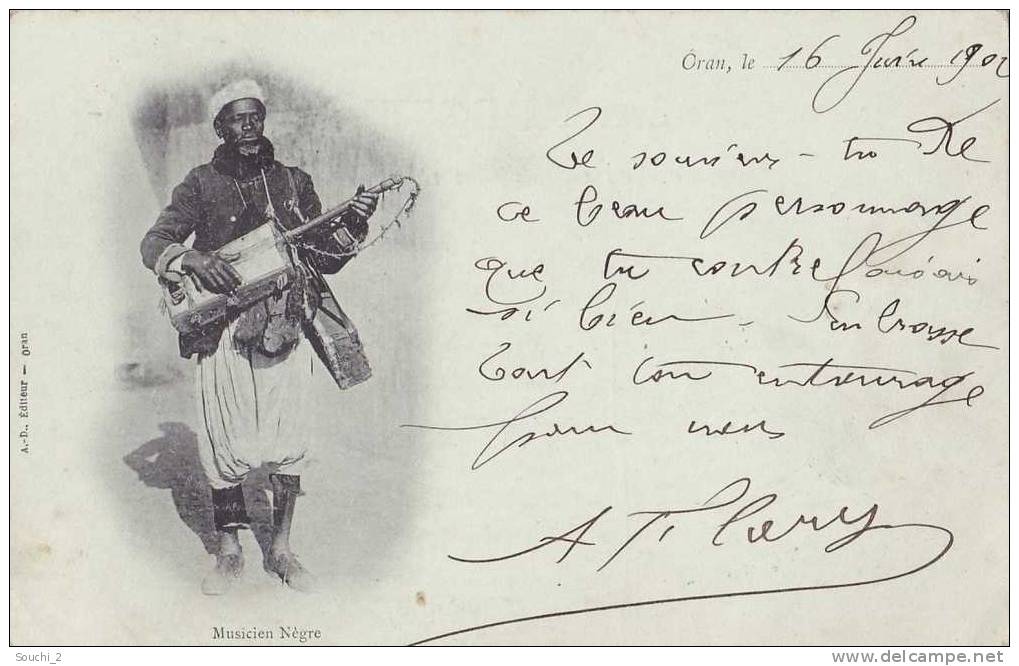 Oran le 16 Février 1902 - Musicien Nègre -  (belle animation - oblitération de 1902)