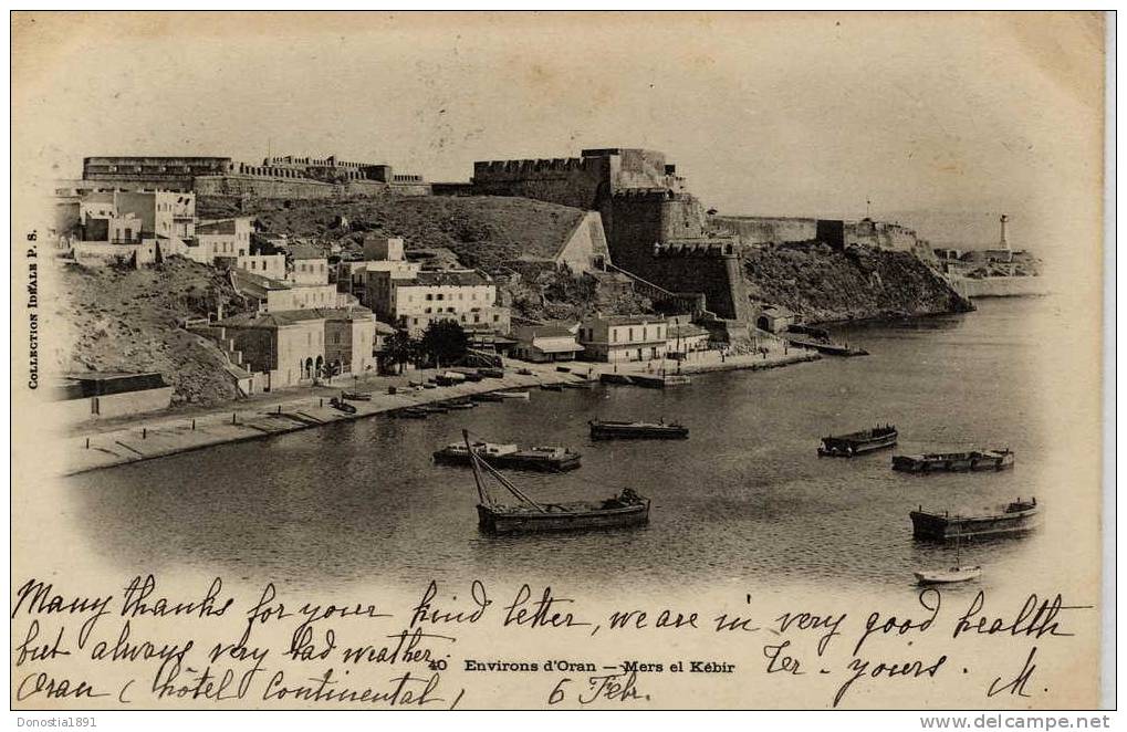 ALGERIE Environs d' ORAN  MERS EL KEBIR   .  dos non divisé  . timbrée 06.02.1904