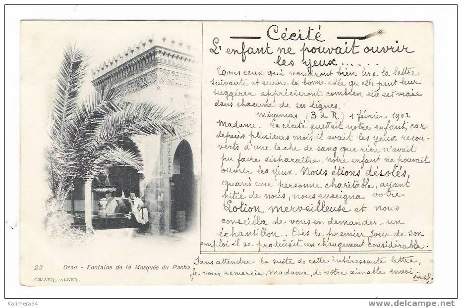ALGERIE / ORAN / FONTAINE DE LA MOSQUEE DU PACHA / Ed. GEISER n° 23 / 2 TIMBRES  TYPE  BLANC / Texte  cécité , aveugles