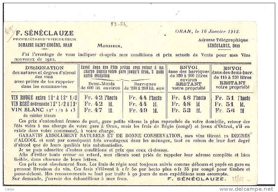 F. Sénéclauze. Propriétaire-Viticulteur. Domaine St. Eugène, ORAN. (Carte publicitaire, Vin)