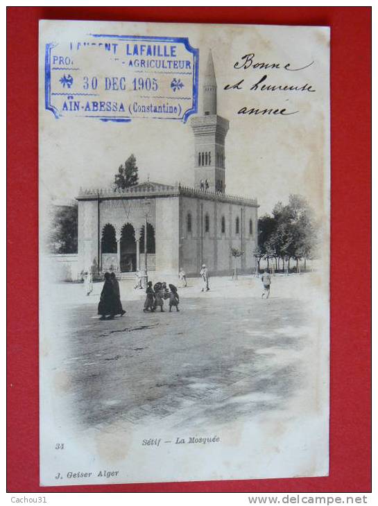 SETIF  --  LA MOSQUEE   - PRECURSSEUR  TRES TRES ANIMEE TRES BELLE CARTE + TAMPON PUB SUR LE DEVANT DE LA CARTE VOIR pho