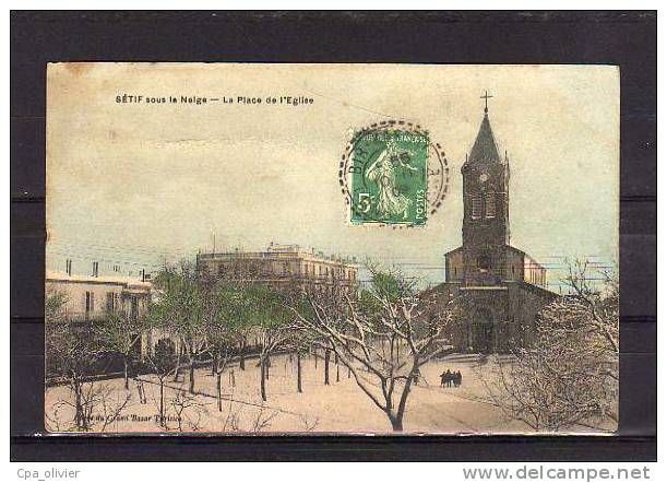 ALGERIE Setif Place de l'Eglise, Sous la Neige, Hiver, colorisée, ed GBP, 1909