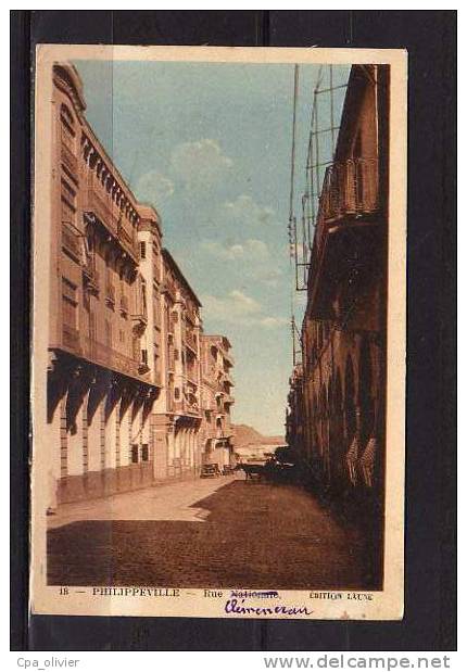 ALGERIE Philippeville Rue Nationale, Clémenceau, colorisée, ed Laune 18, 193?