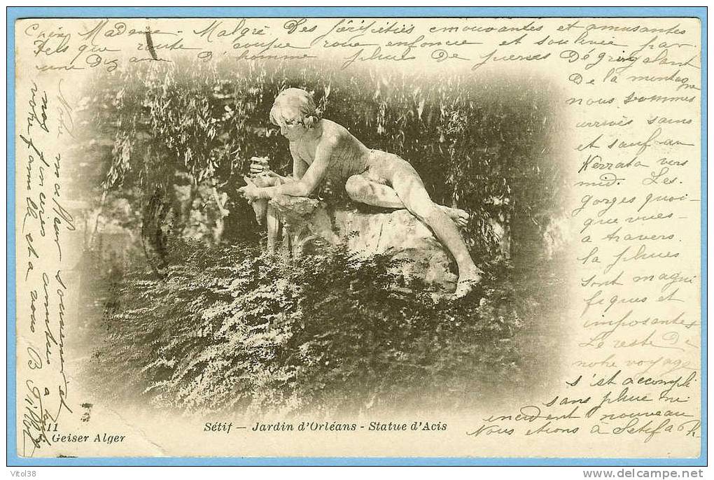 CARTE POSTALE SETIF JARDIN D'ORLEANS STATUE D'ACIS . 11 GEISER ALGER . CACHET ET TIMBRE DE LA POSTE 1904