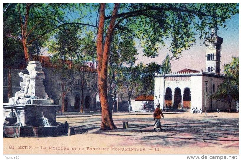 SETIF - SUPERBE PLAN ANIME DE LA MOSQUEE ET LA FONTAINE MONUMENTALE DANS LES ANNEES 1920 - A VOIR §§§§§