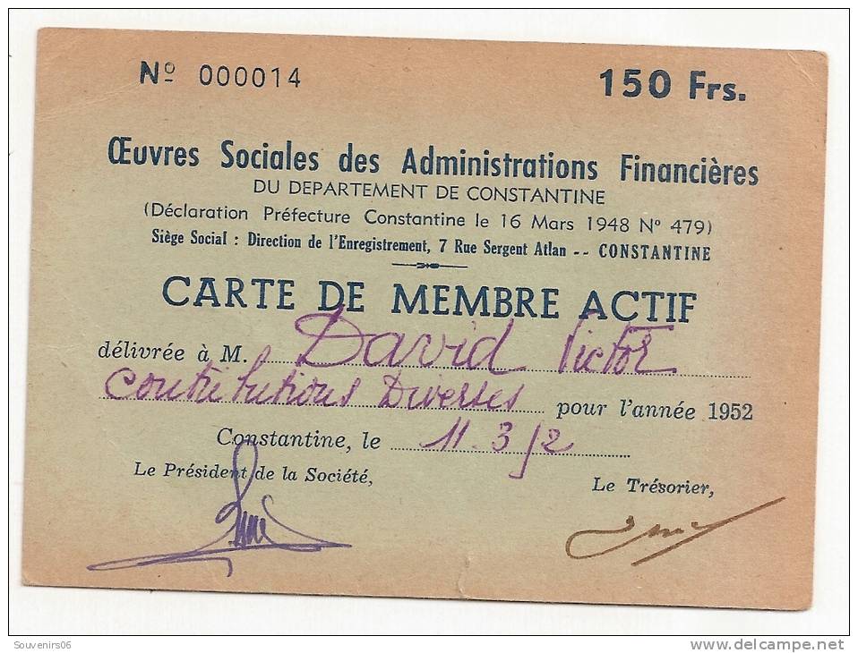 constantine - carte de membre actif - oeuvres sociales des administrations financières (dim 12/8.5)