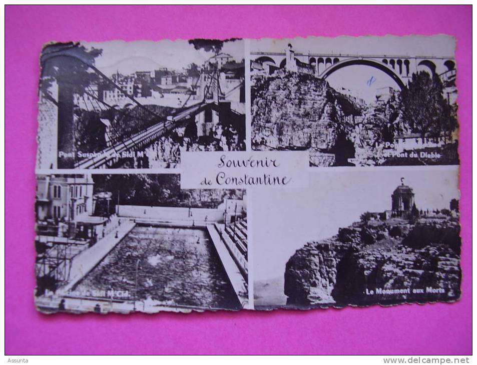 Constantine  - Algérie - écrite en 1956 - vues multiples (4) - piscine, pont, monument aux morts..