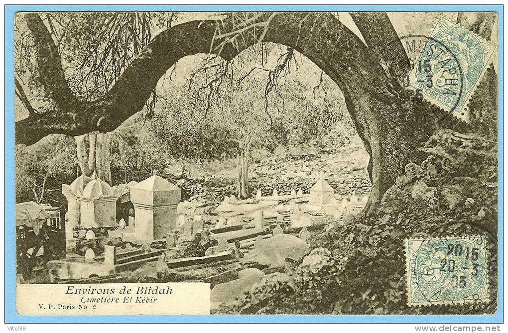 CARTE POSTALE ENVIRONS DE BLIDAH CIMETIERE EL KEBIR . V.P. PARIS N° 2 . CACHET ET TIMBRE DE LA POSTE 1905