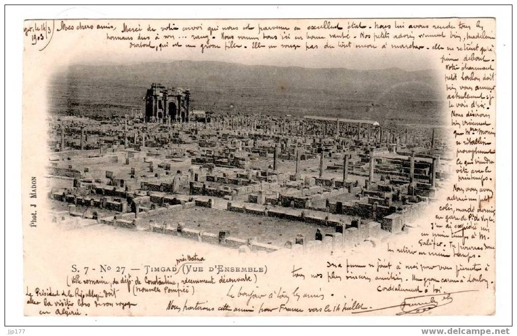 Timgad pres Batna vers 1900 Vue d'ensemble de la Ville Romaine Carte precurseur de J Madon S7 n° 27 ecrite 1903
