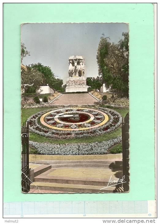 MEA129 Algérie ALGER - HORLOGE FLORALE et Monument aux Morts (voir détails 2scan) crantée écrite fins années 1950 n°321