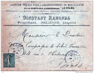 Lettre de RELIZANE (Algérie) pour PARIS (Compagnie d'Assurances >