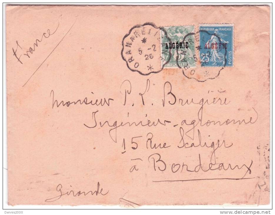 1926- env. de St Denis du Sig affr. à 30 c oblit. conv. ligne ORAN A RELIZANE  pour Bordeaux