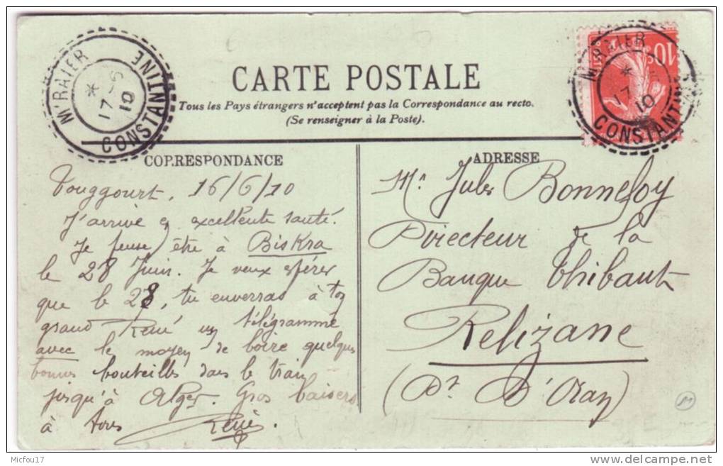 1910- C P A affr. 10 c semeuse oblit. facteur Boitier  M´RAIER  CONSTANTINE   pour Relizane