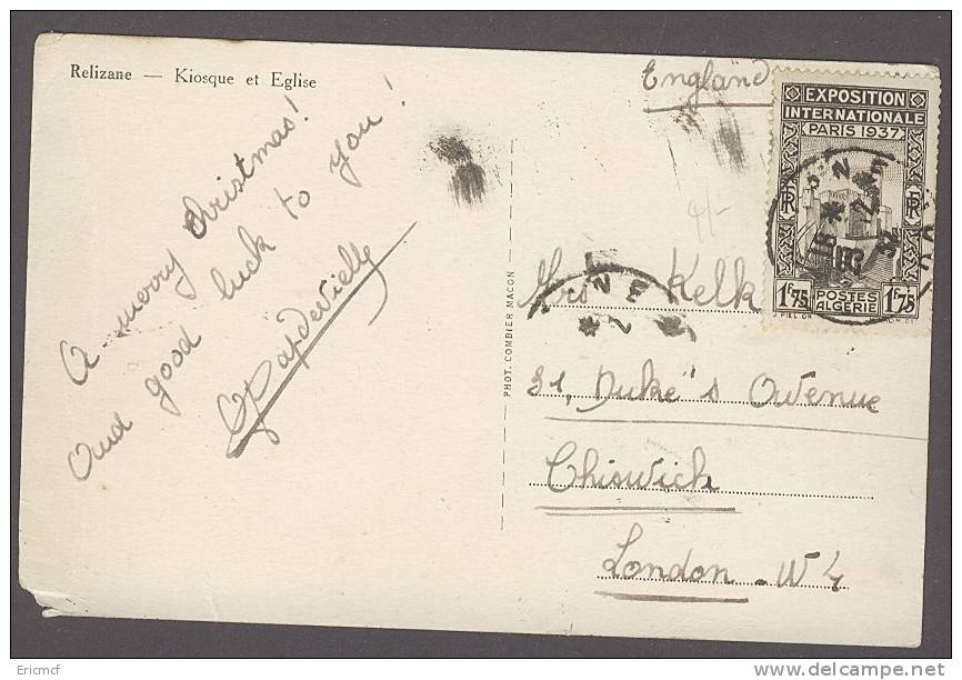 Algeria 1951 PC Postcard to UK Relizane Kiosque et Eglise