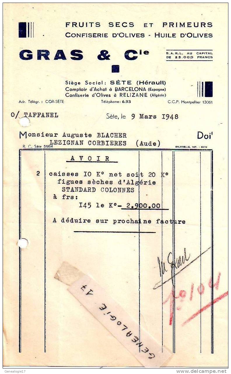 34 422 MONTPELLIER HERAULT 1948 Fruit Sec Confiserie & Huile d' Olive GRAS Cie Siege à SETE & RELIZANE ALGERIE à BLACHER