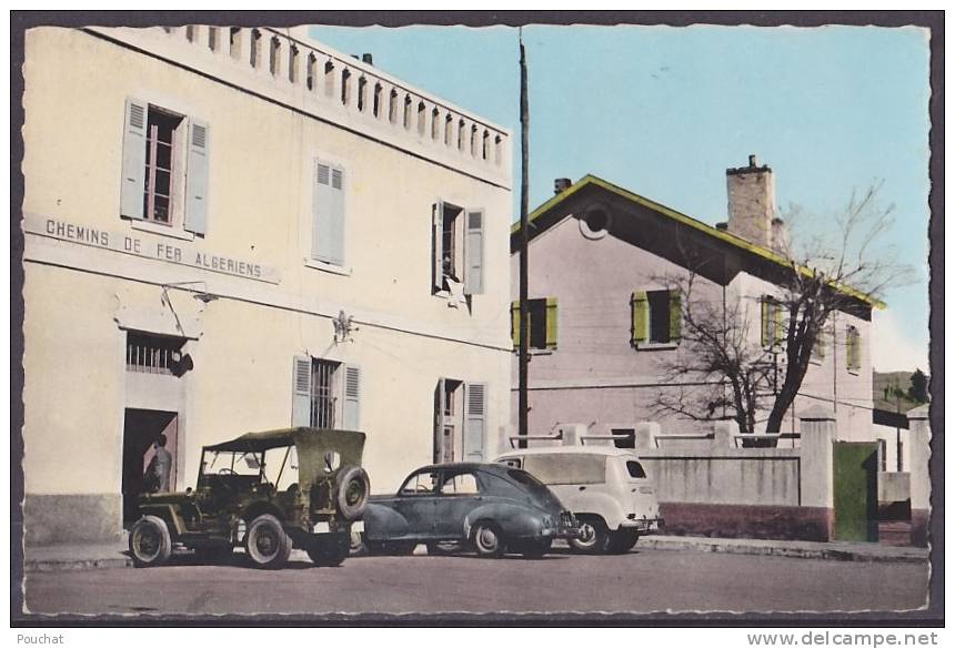 Ain - Sefra.- (Sud Oranais) La Gare - (Chemins de Fer Algériens - voitures Jeep - peugeot 203)